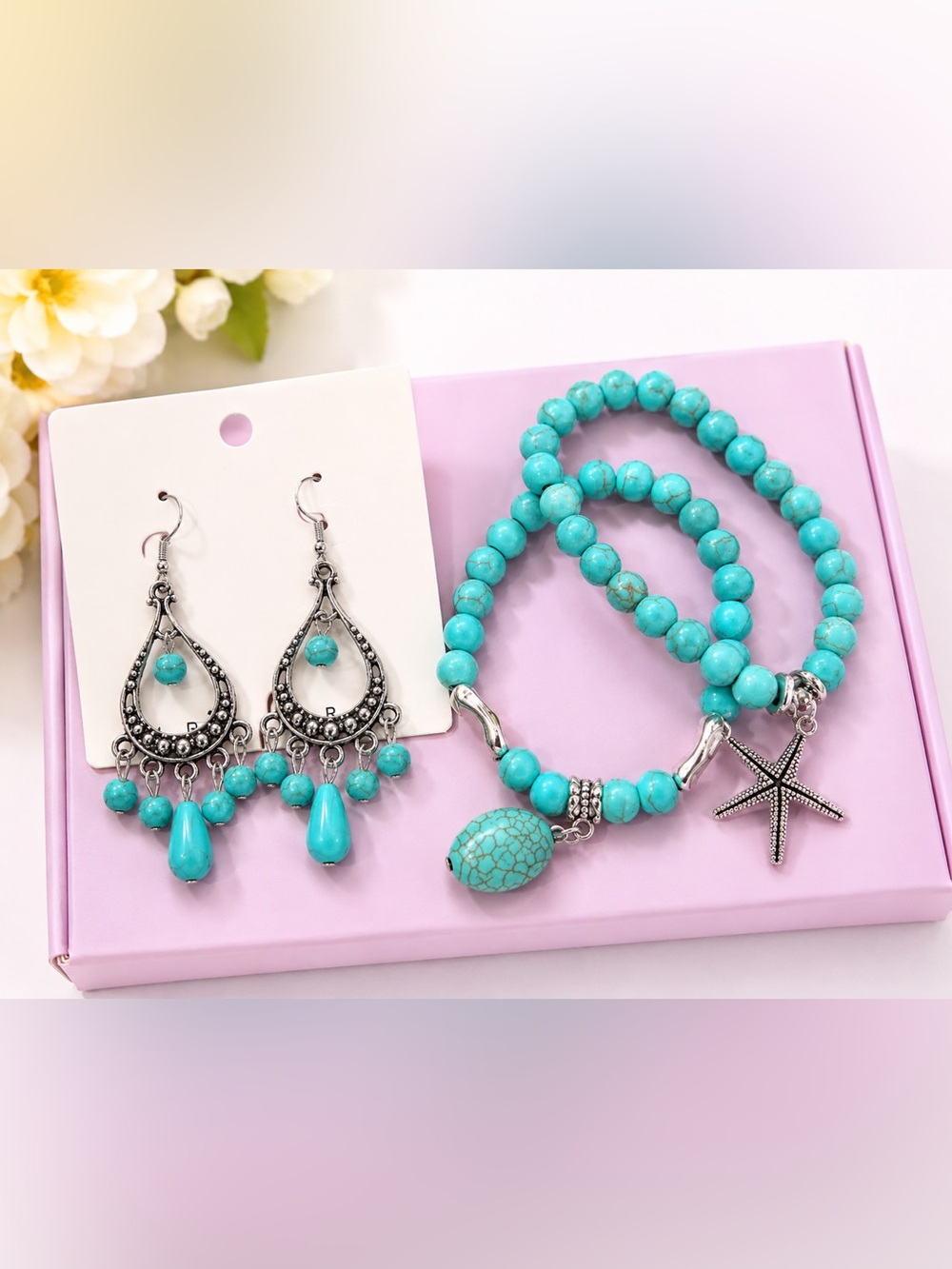 Turquoise Beaded Stretch Bracelet with Starfish & Charm - Women Jewelry